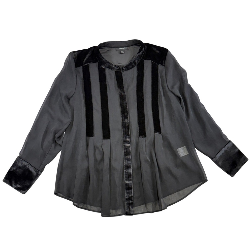 Alfani Womens Black Sheer Chiffon Velvet Trim Pleated Blouse Top Large